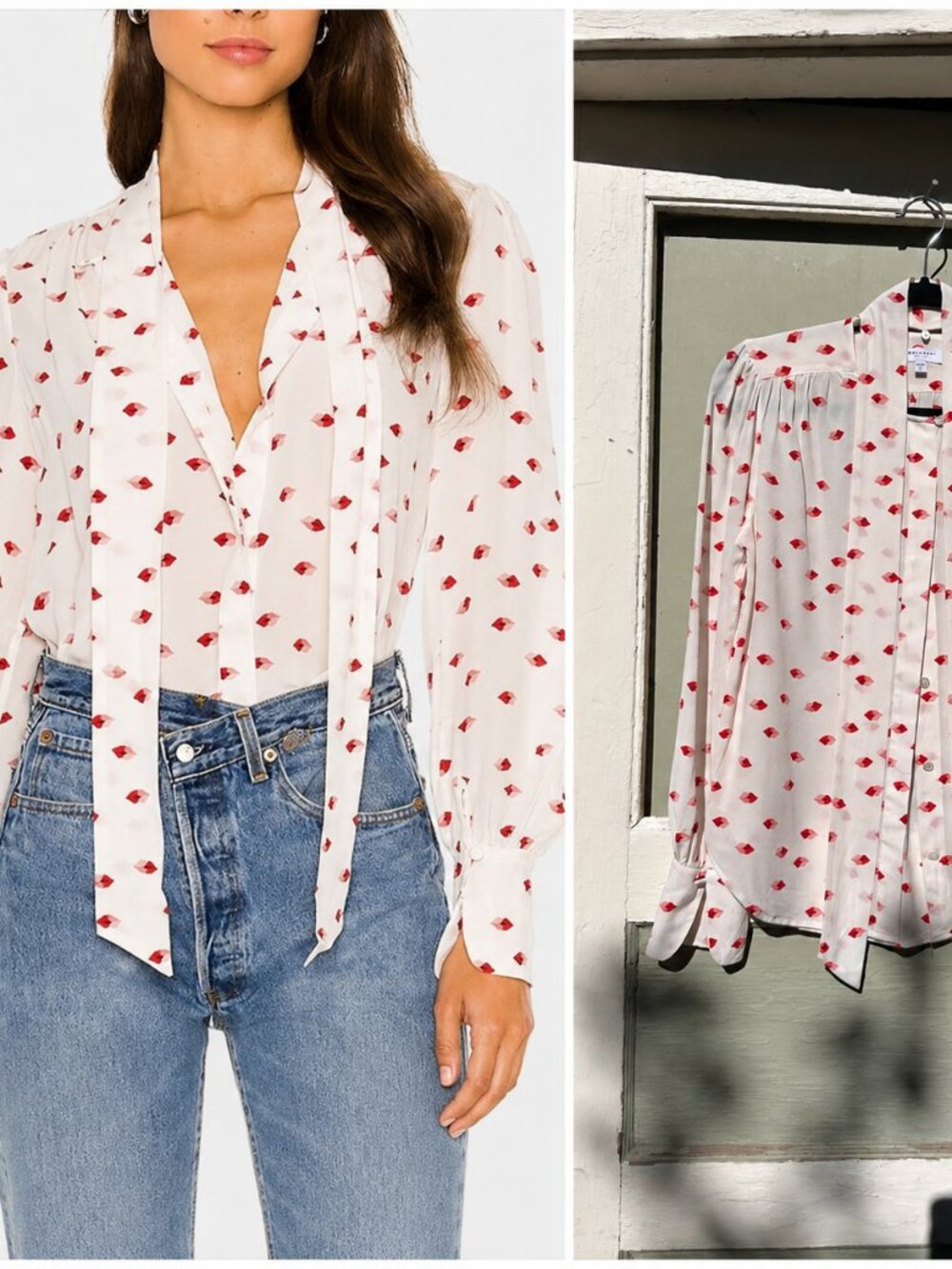 Equipment Silk Badalle Tie Neck Blouse Lips Print XS